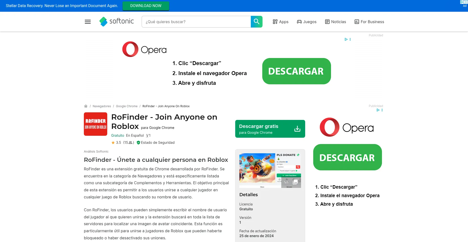 Website screenshot of Rofinder-join-anyone-on-roblox-zbv.softonic.com