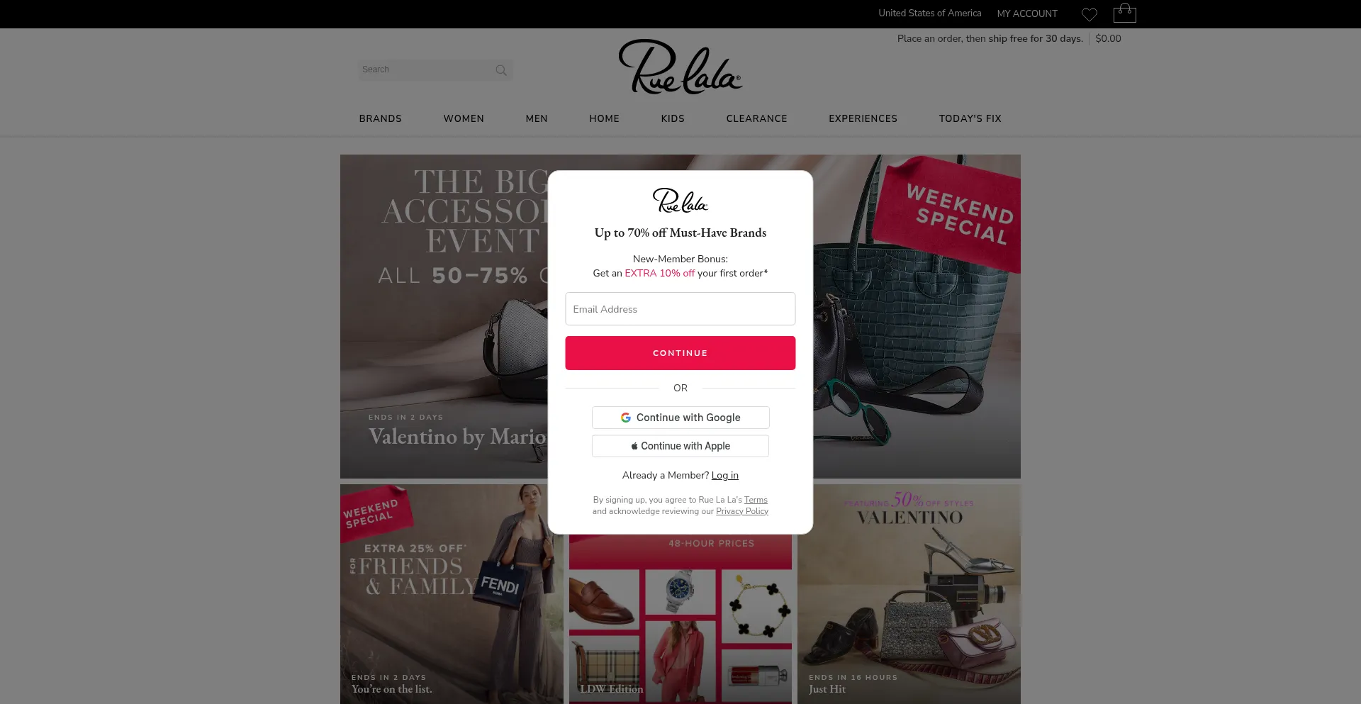 Website screenshot of Ruelala.com