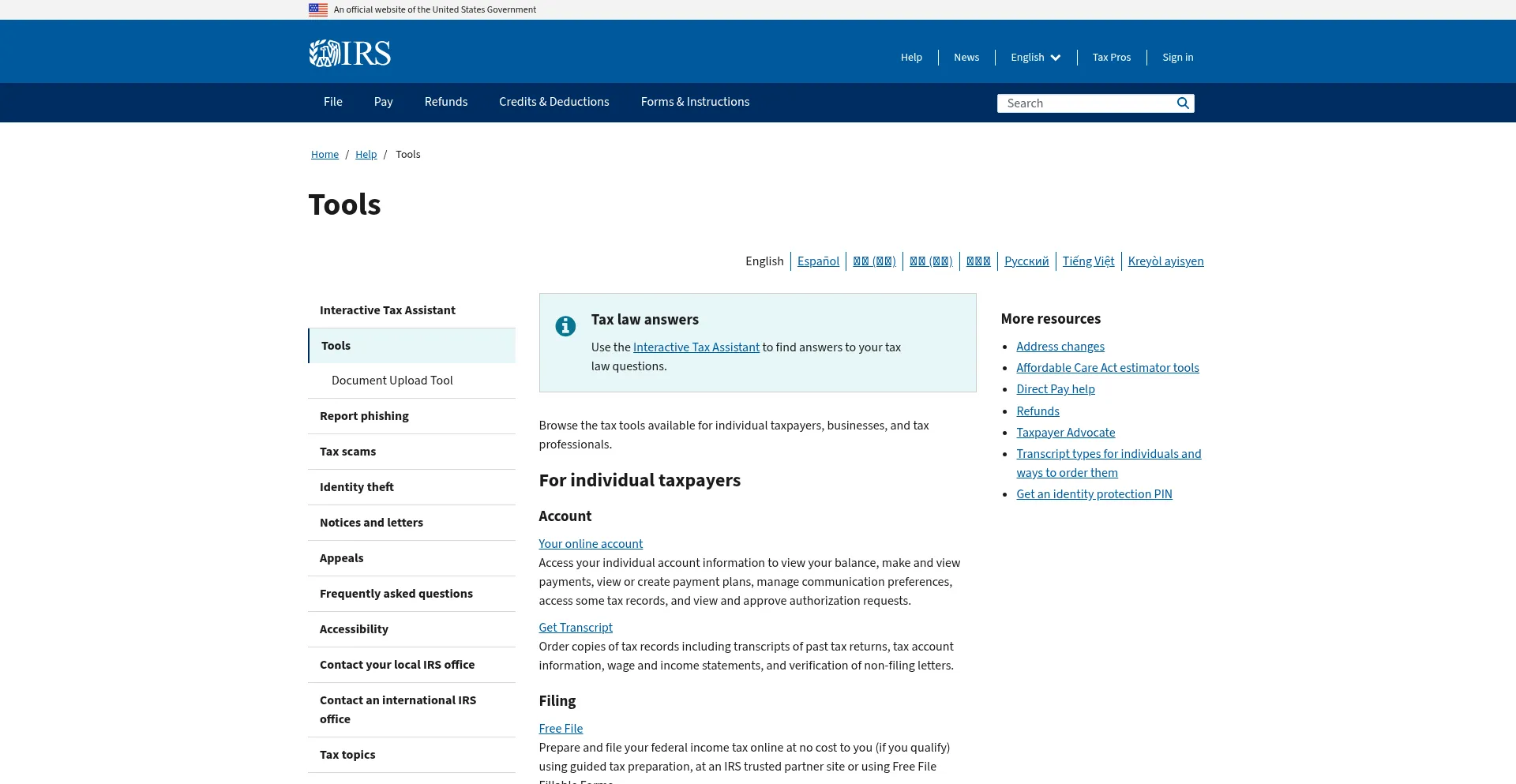 Website screenshot of Sa.www4.irs.gov