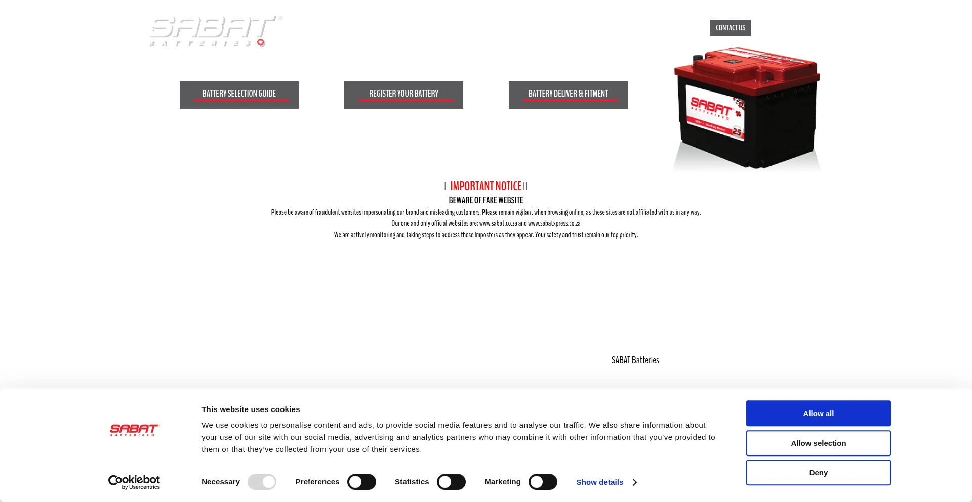 Website screenshot of Sabat.co.za