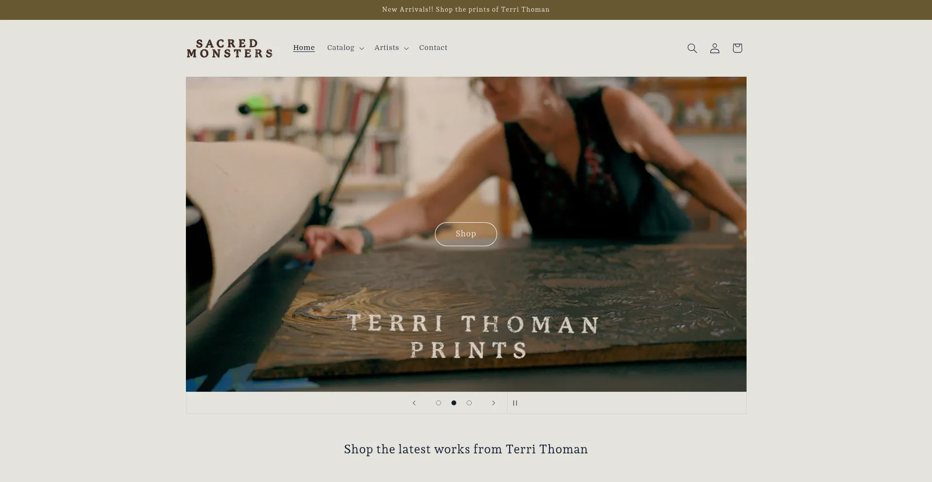 Website screenshot of Sacredmonstersgallery.com