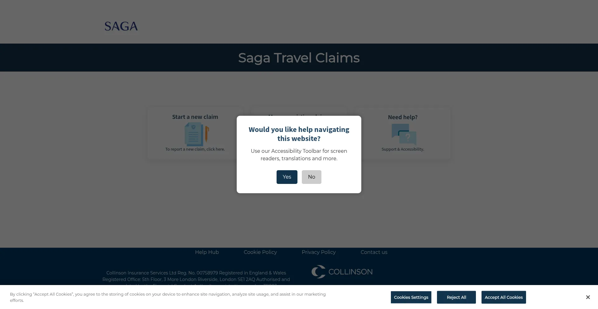 Website screenshot of Saga.claimhere.co.uk