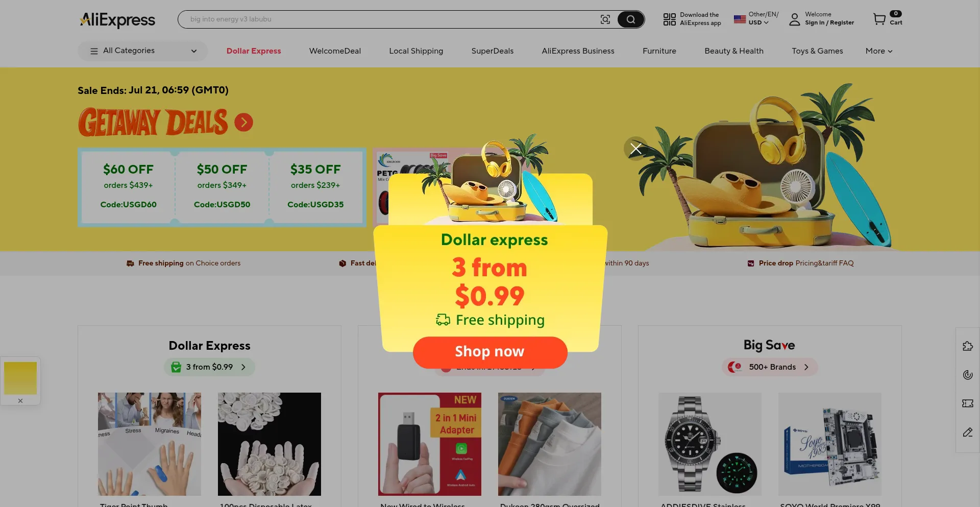 Website screenshot of Sale.aliexpress.com