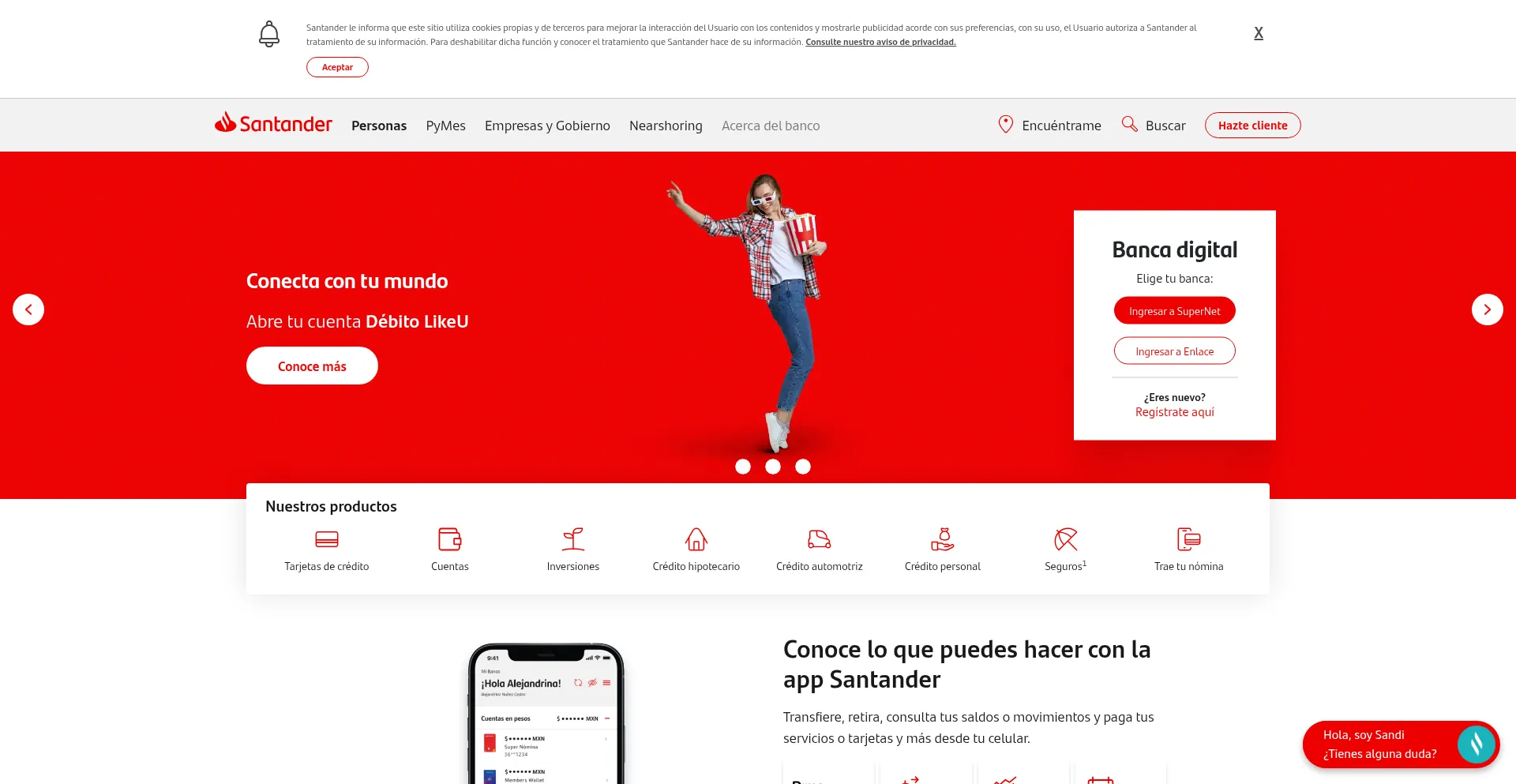 Website screenshot of Santander.com.mx