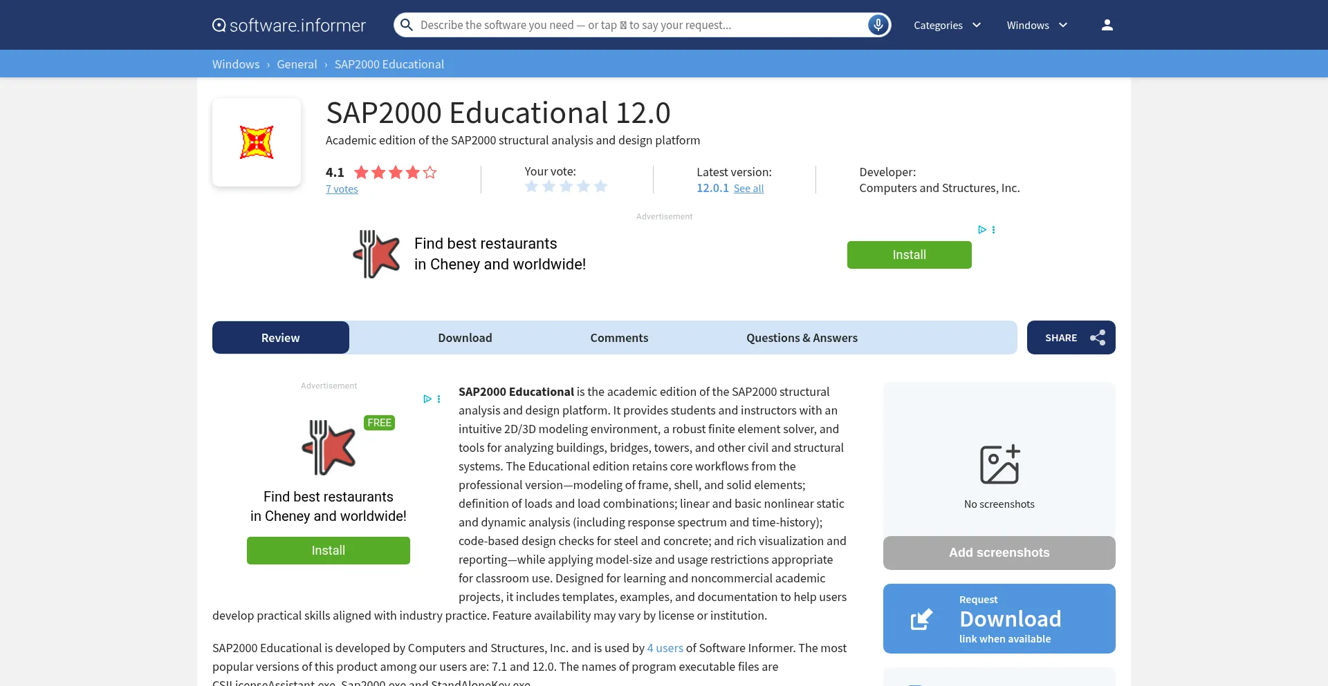 Website screenshot of Sap2000-educational.software.informer.com