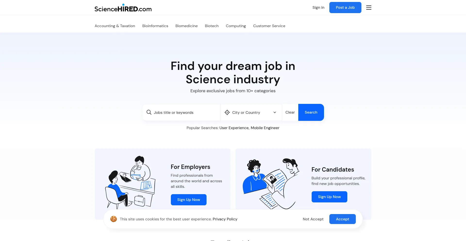 Website screenshot of Sciencehired.com