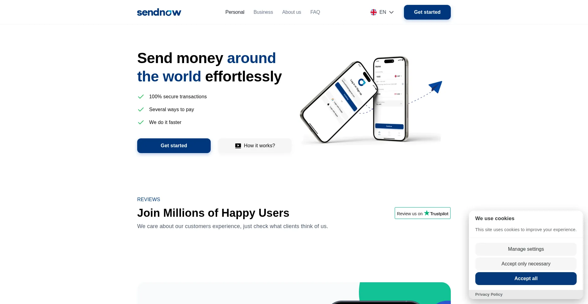 Website screenshot of Sendnow.money