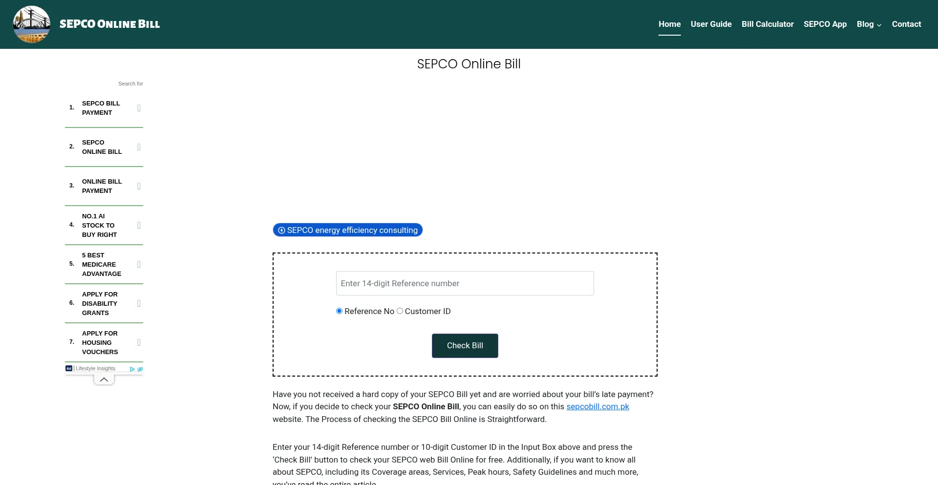 Website screenshot of Sepcobill.com.pk
