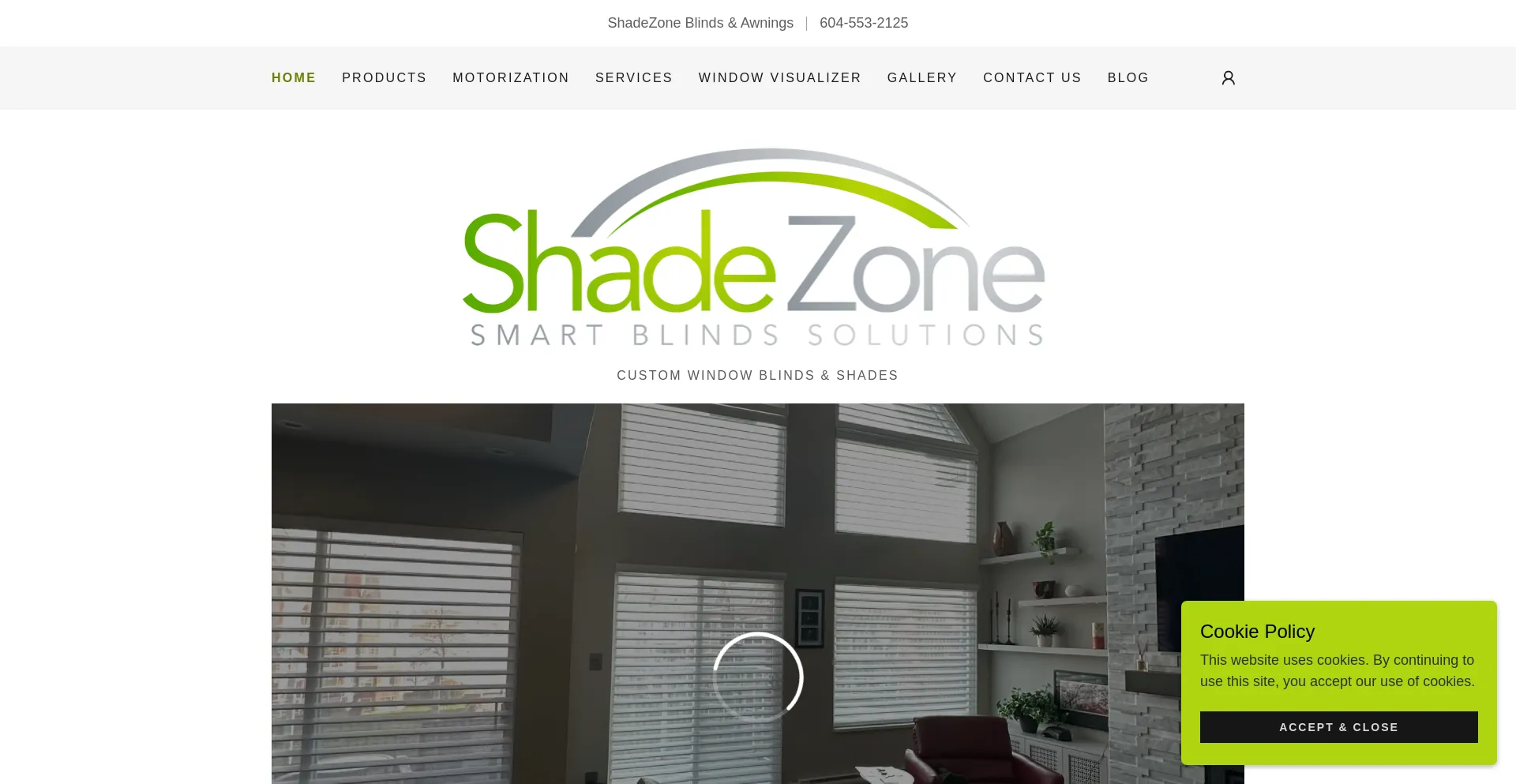 Website screenshot of Shadezoneblinds.ca