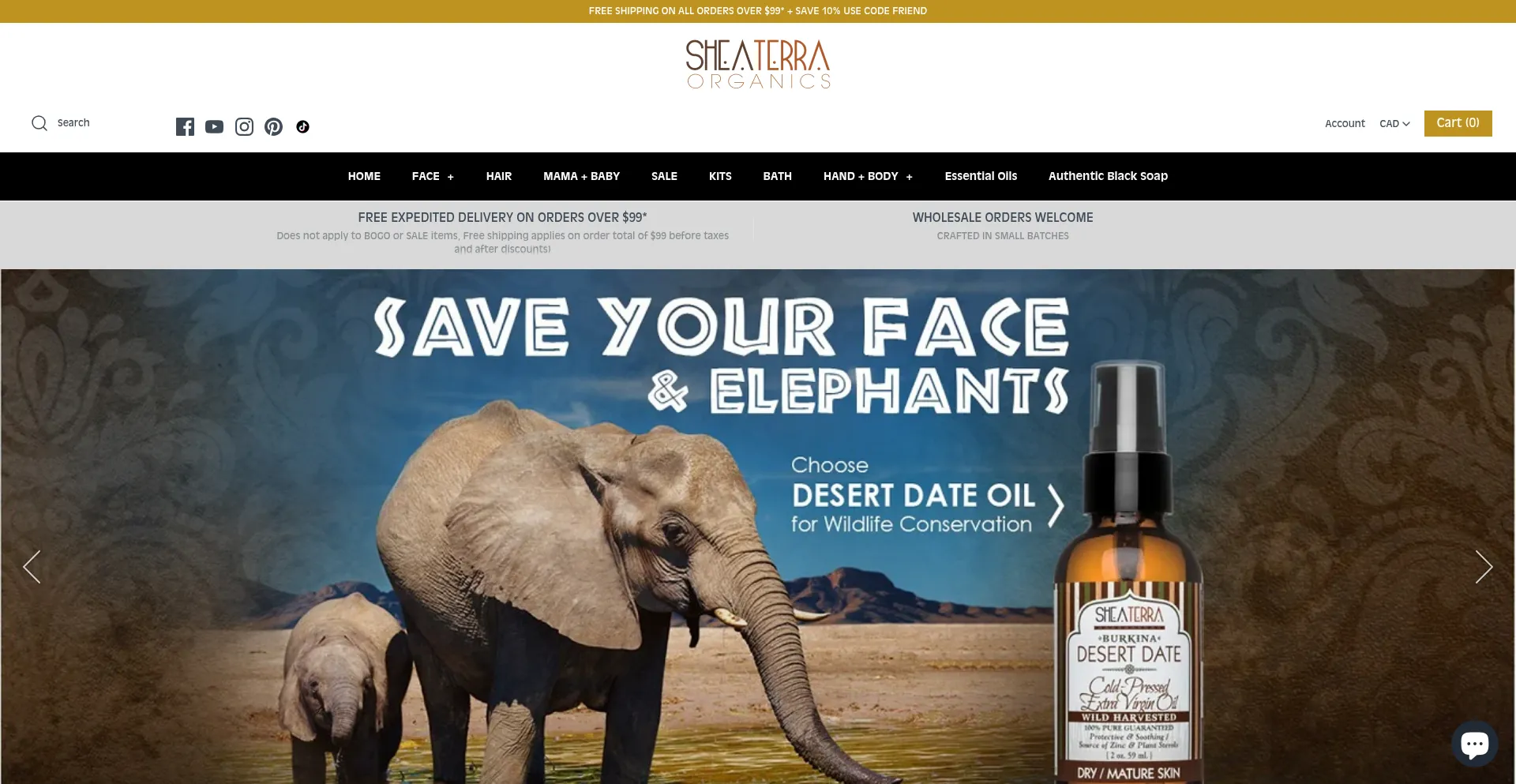 Website screenshot of Sheaterraorganics.ca