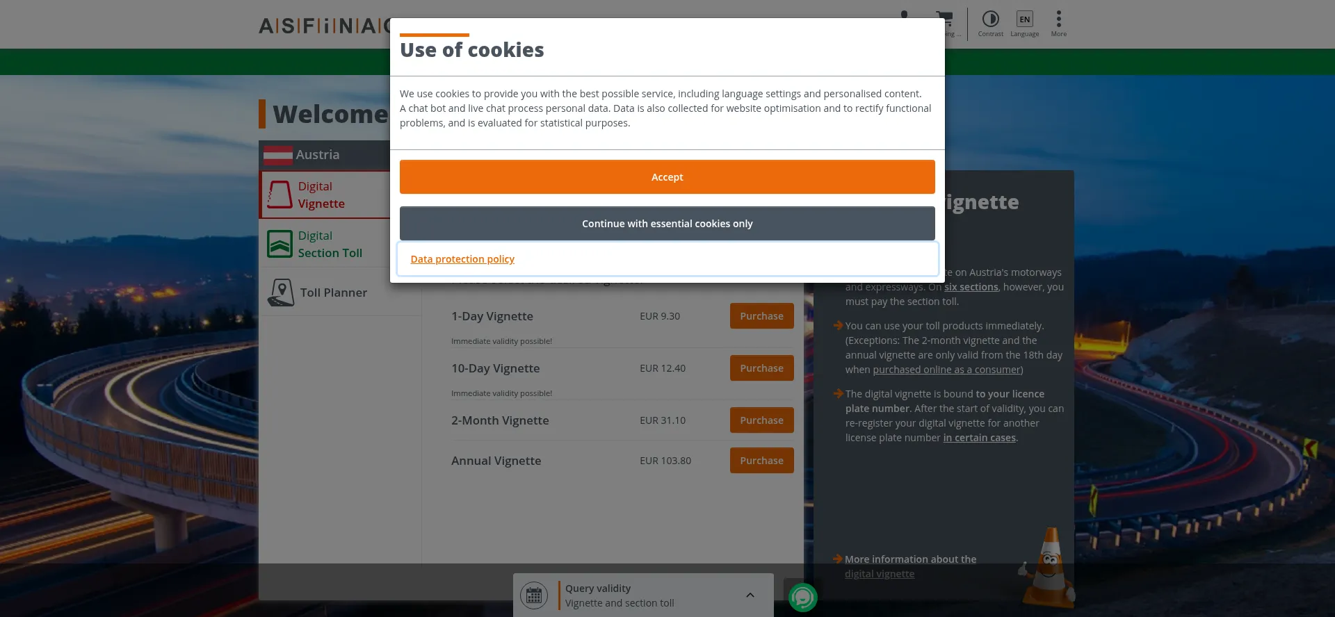 Website screenshot of Shop.asfinag.at
