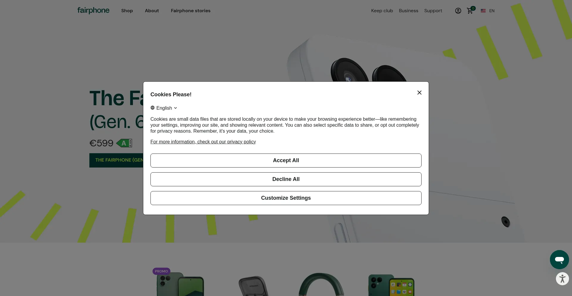 Website screenshot of Shop.fairphone.com