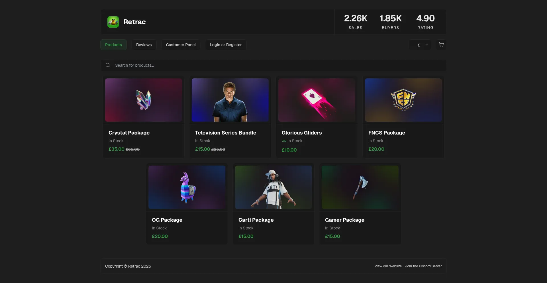 Website screenshot of Shop.retrac.site