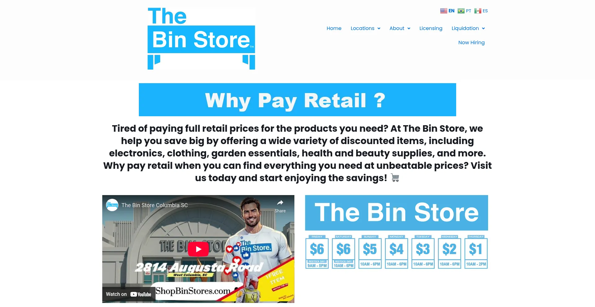 Website screenshot of Shopbinstores.com