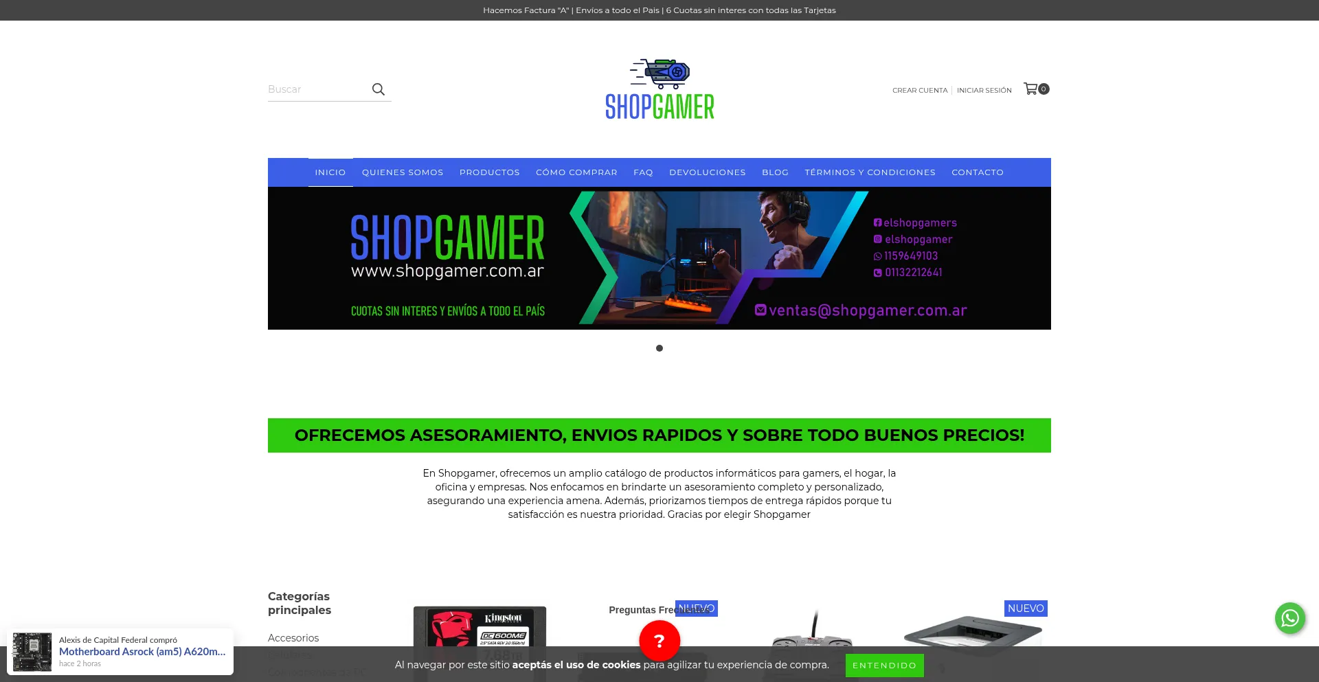 Website screenshot of Shopgamer.com.ar