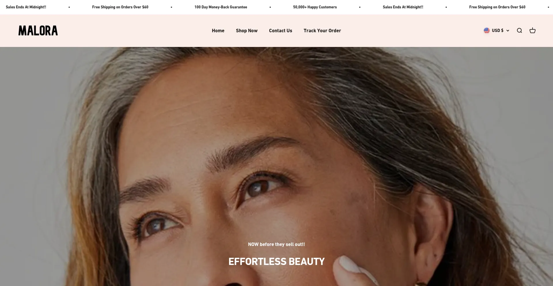 Website screenshot of Shopmalora.com