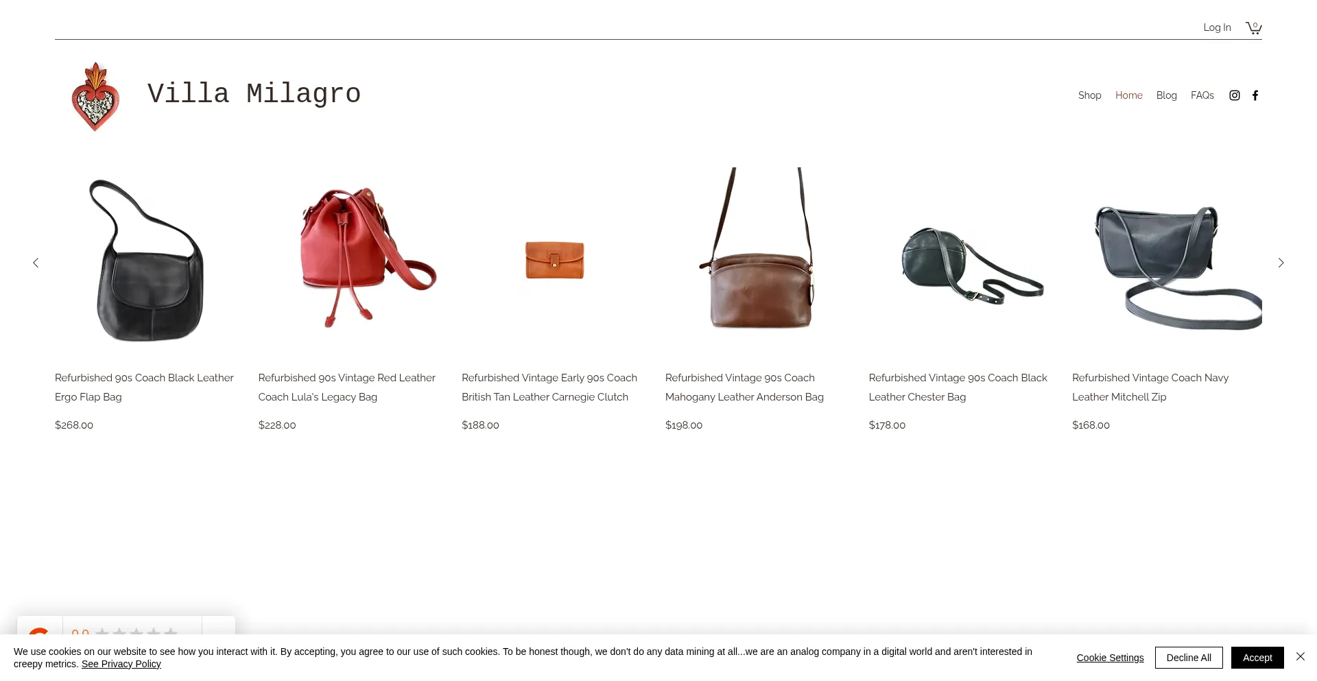 Website screenshot of Shopvillamilagro.com