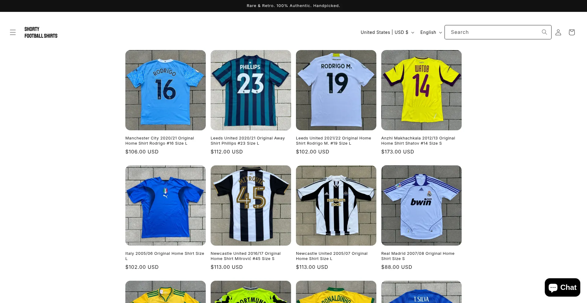 Website screenshot of Shortyfootballshirts.com