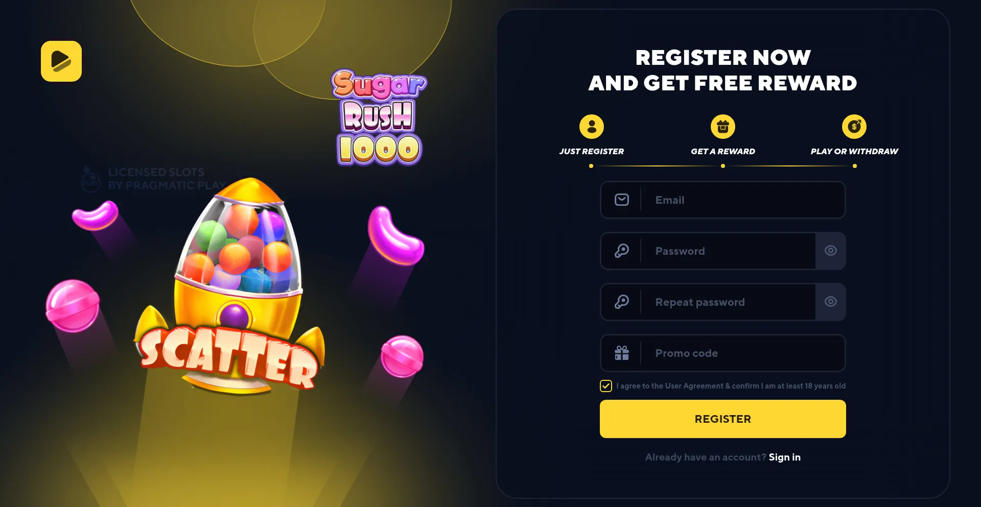 Website screenshot of Skyslots.vip