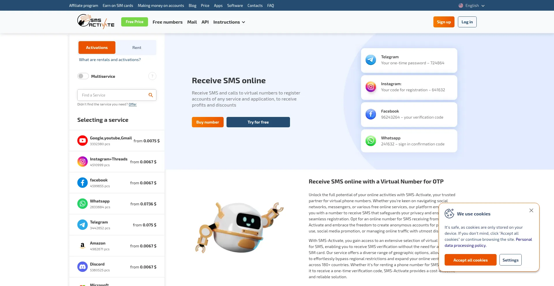 Website screenshot of Sms-activate.io