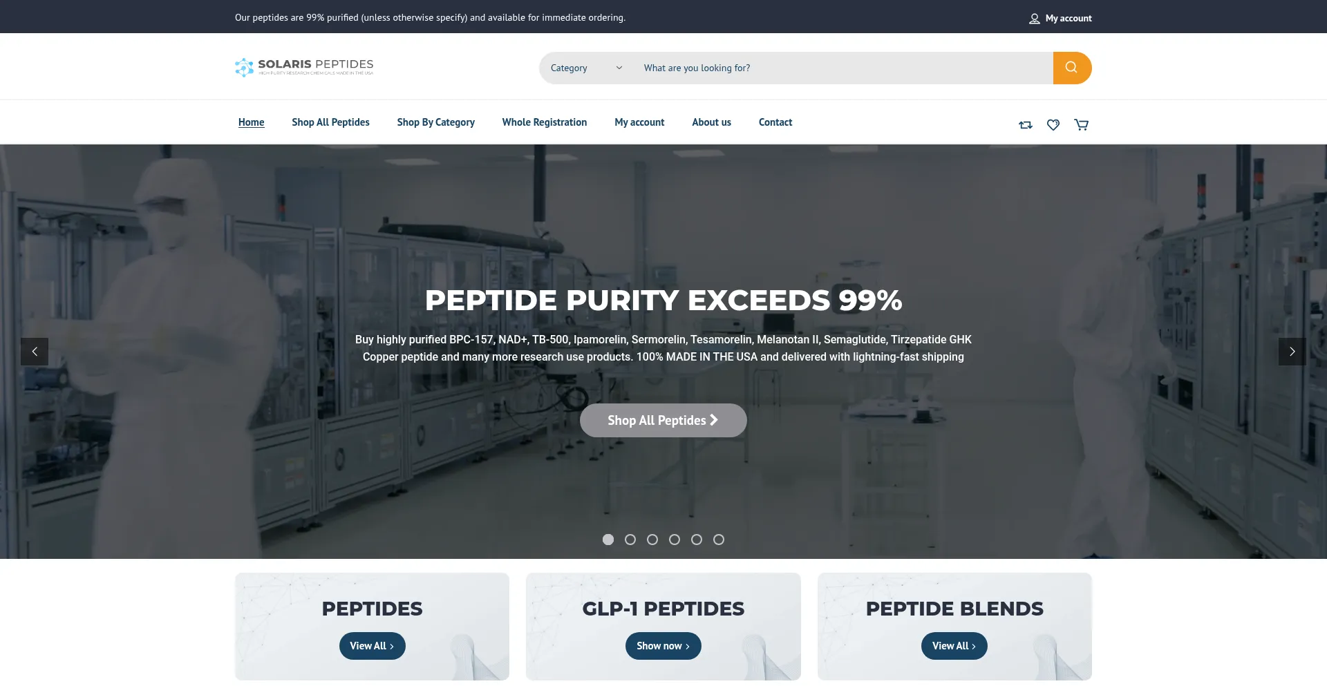 Website screenshot of Solarispeptides.com