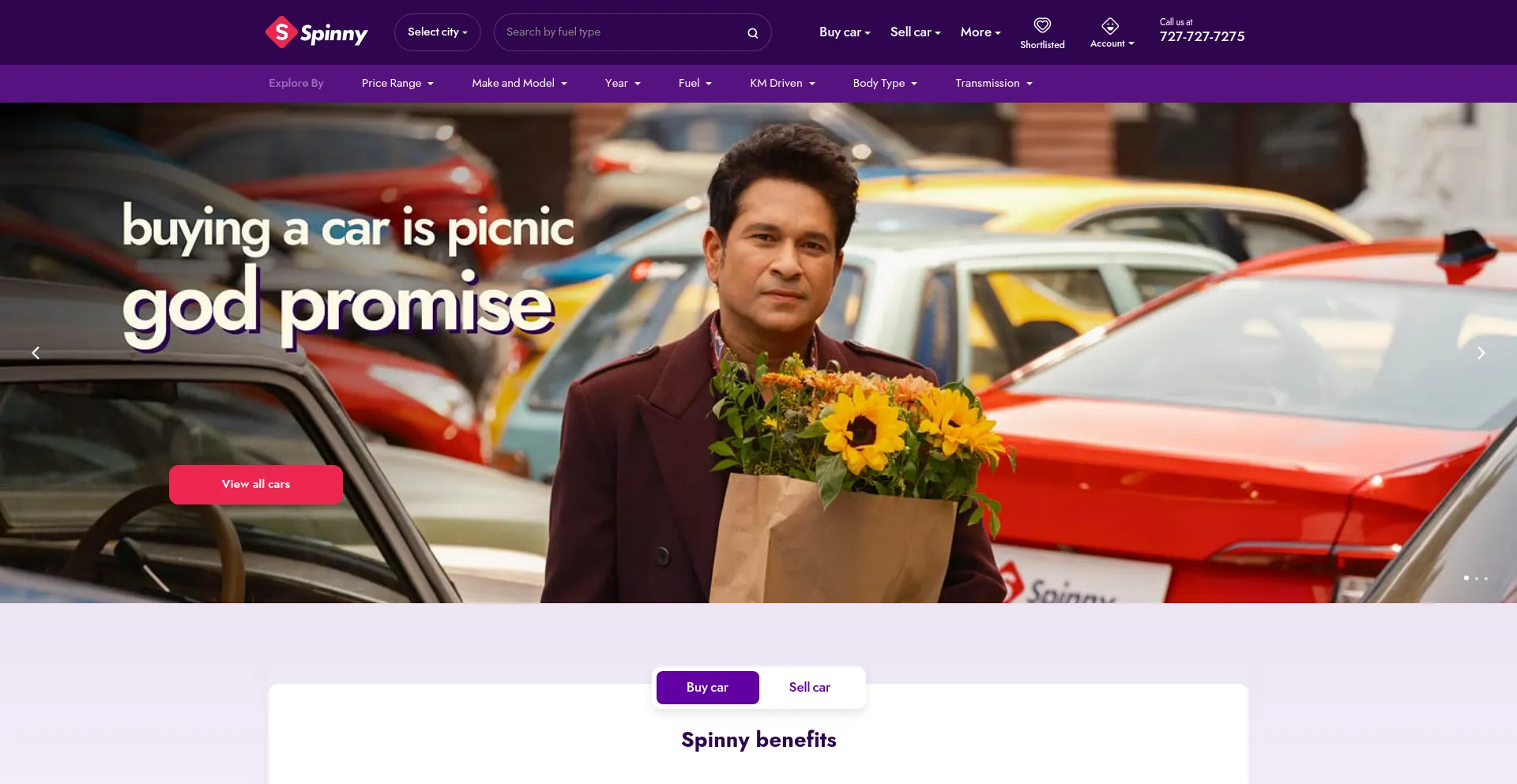 Website screenshot of Spinny.com