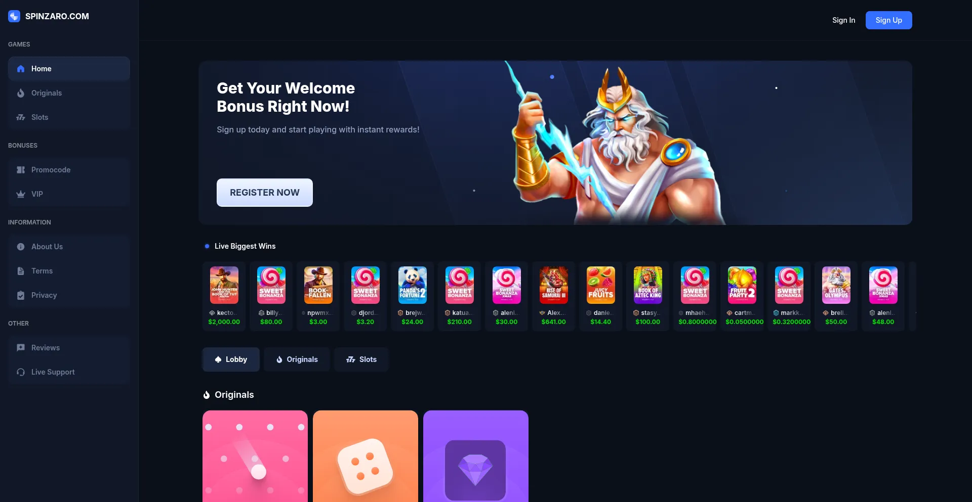 Website screenshot of Spinzaro.com