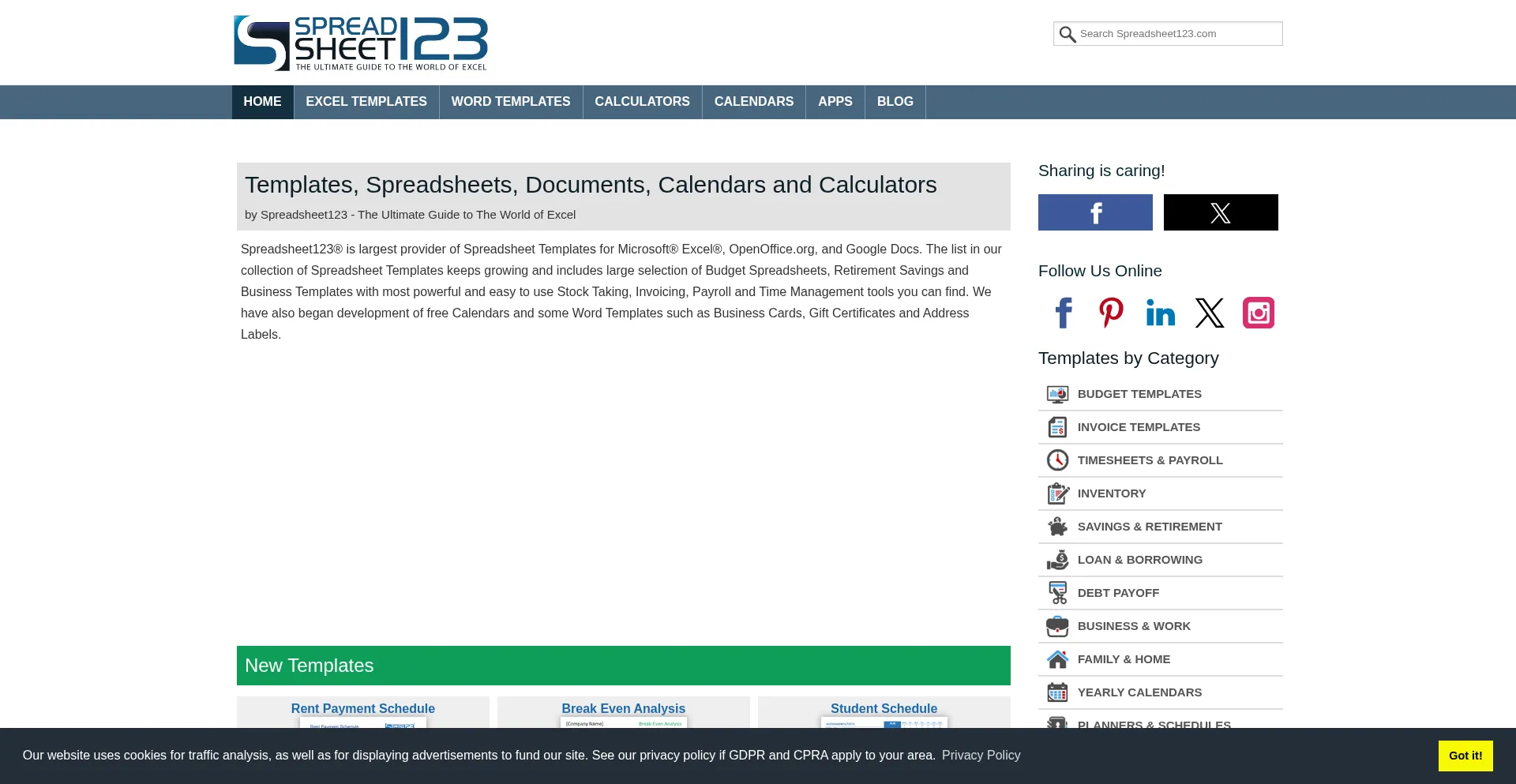 Website screenshot of Spreadsheet123.com