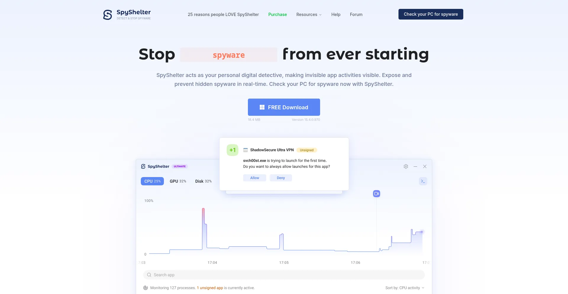 Website screenshot of Spyshelter.com
