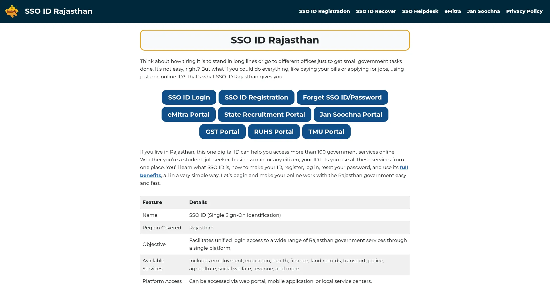 Website screenshot of Ssoidrajasthans.net