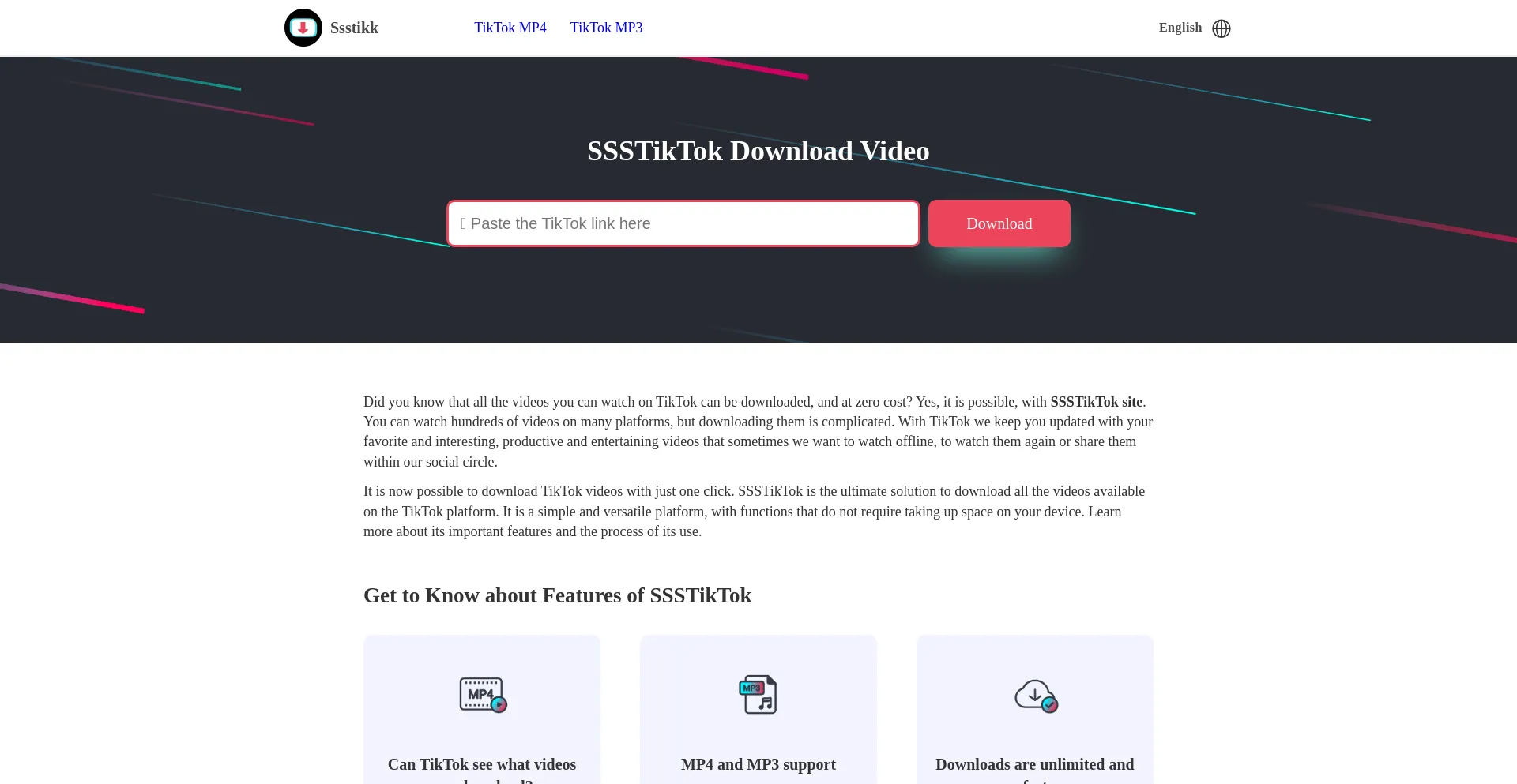 Website screenshot of Ssstikk.com