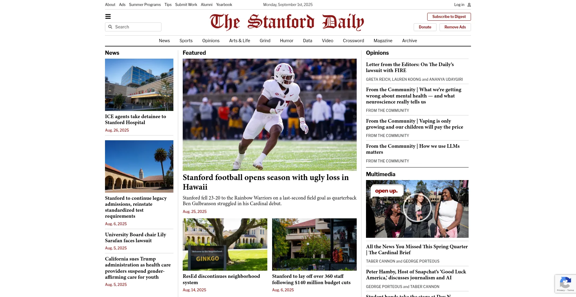 Website screenshot of Stanforddaily.com