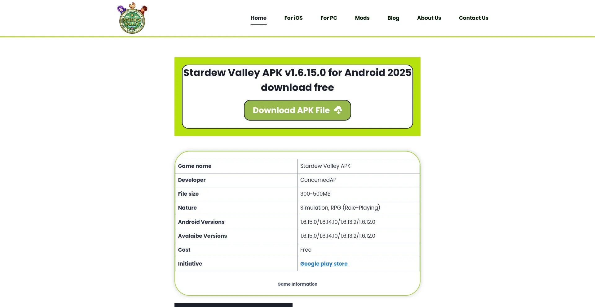 Website screenshot of Stardvalleyapk.com