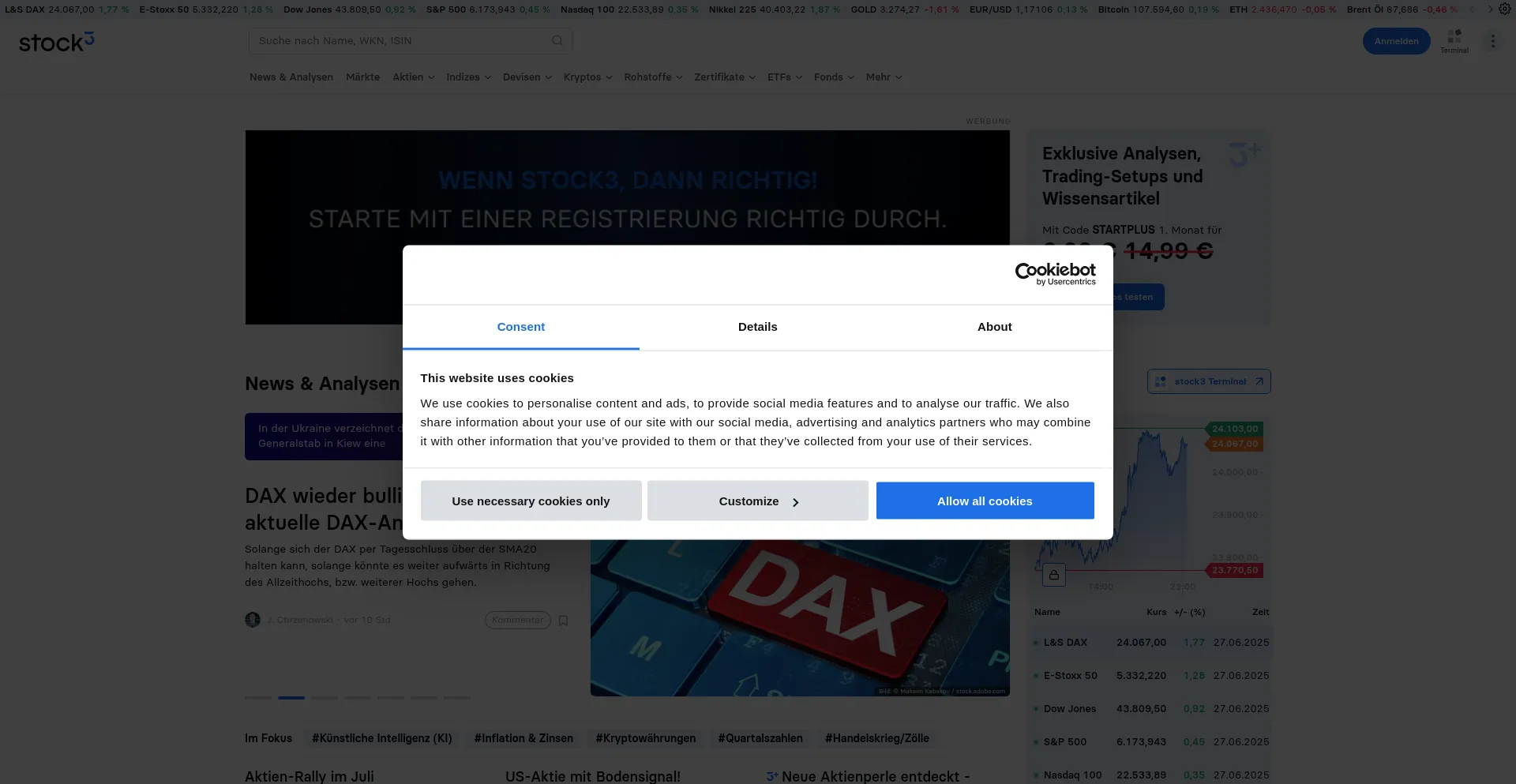 Website screenshot of Stock3.com