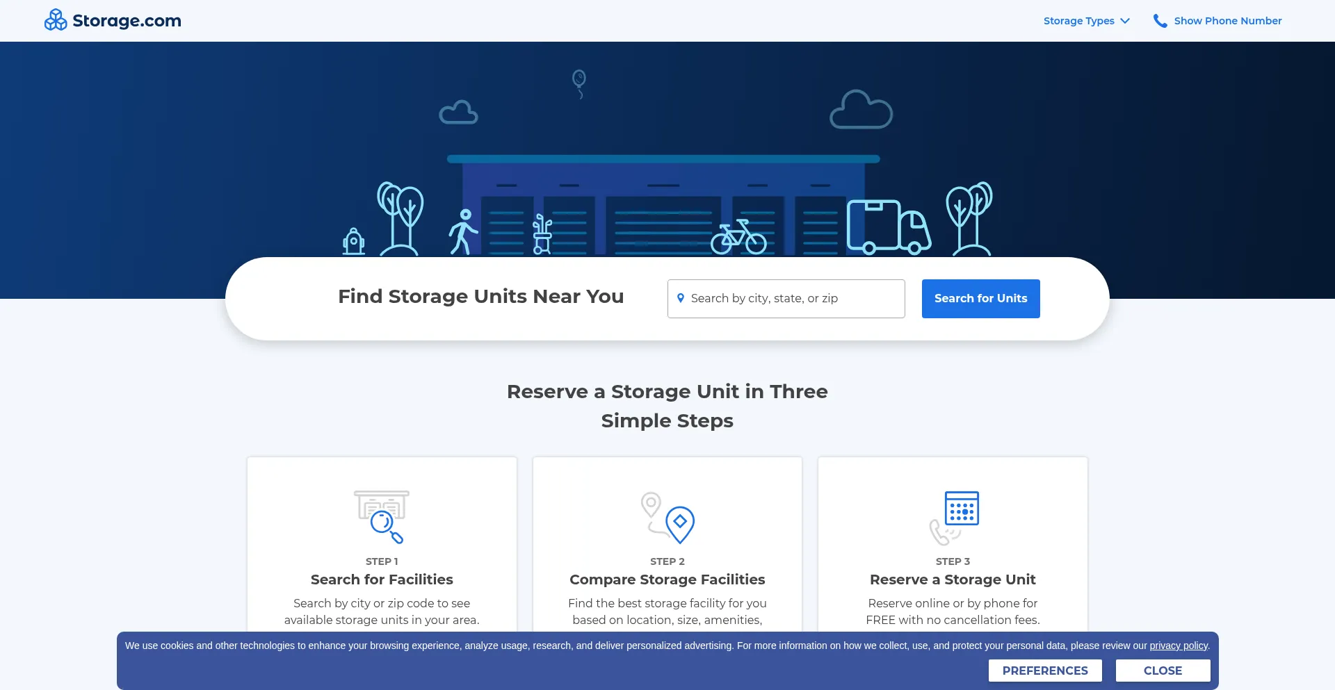 Website screenshot of Storage.com
