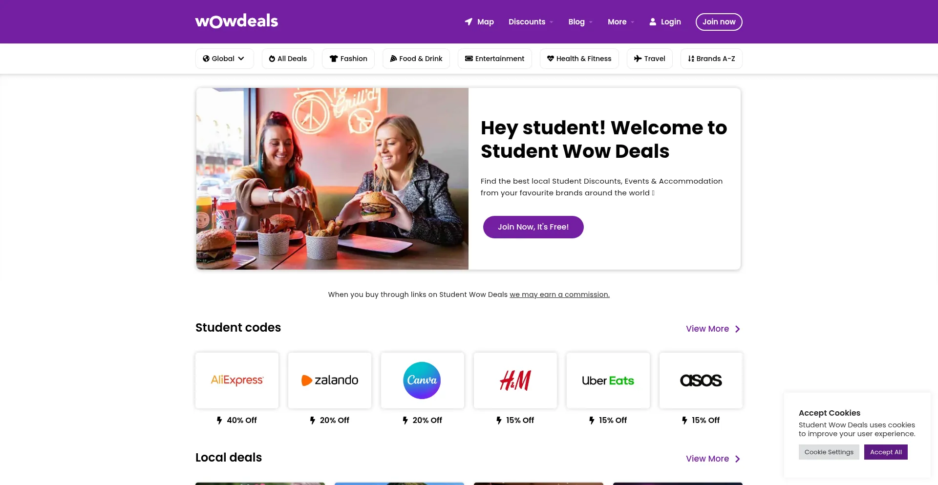 Website screenshot of Studentwowdeals.com