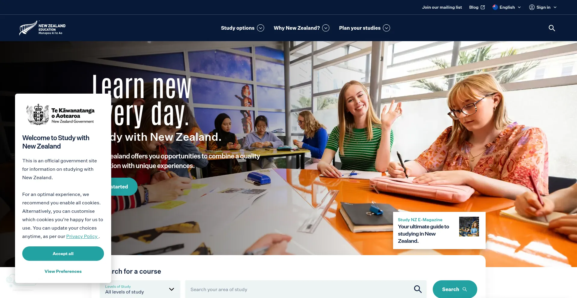 Website screenshot of Studywithnewzealand.govt.nz