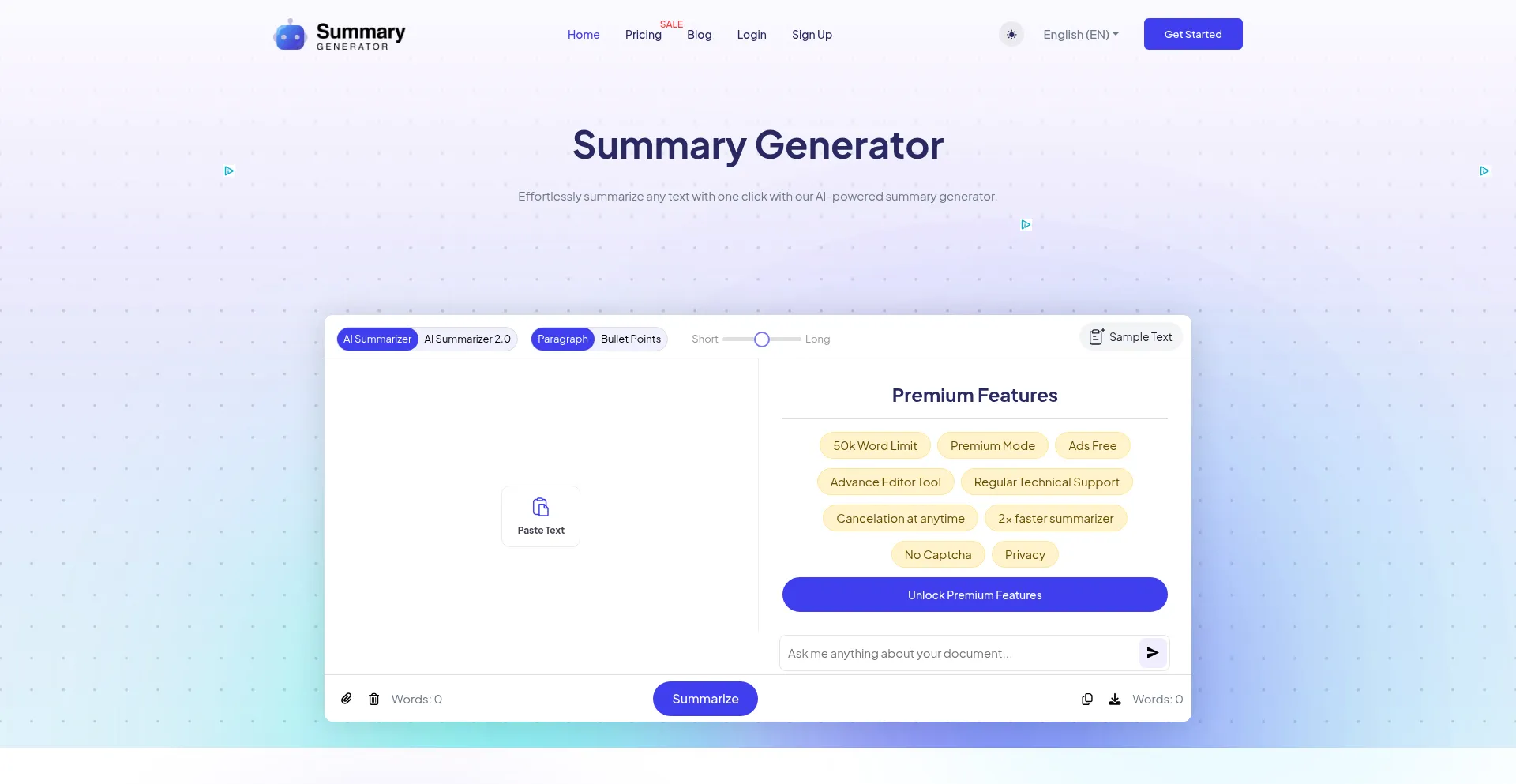 Website screenshot of Summarygenerator.io