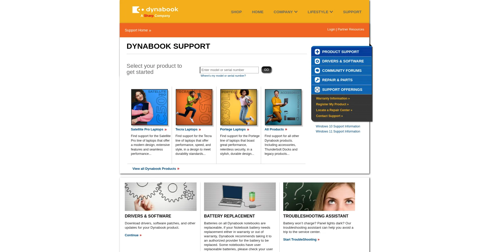 Website screenshot of Support.dynabook.com
