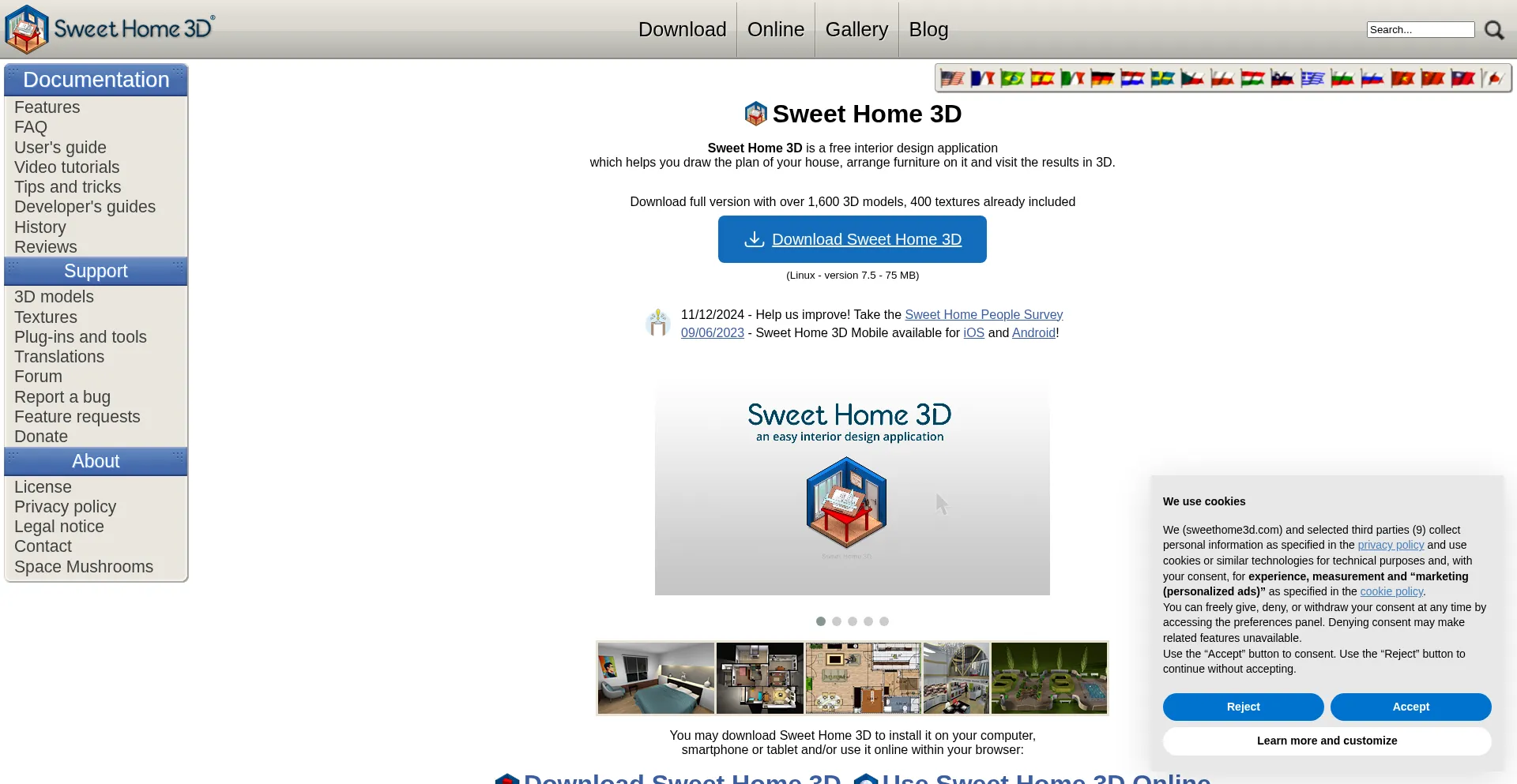 Website screenshot of Sweethome3d.com