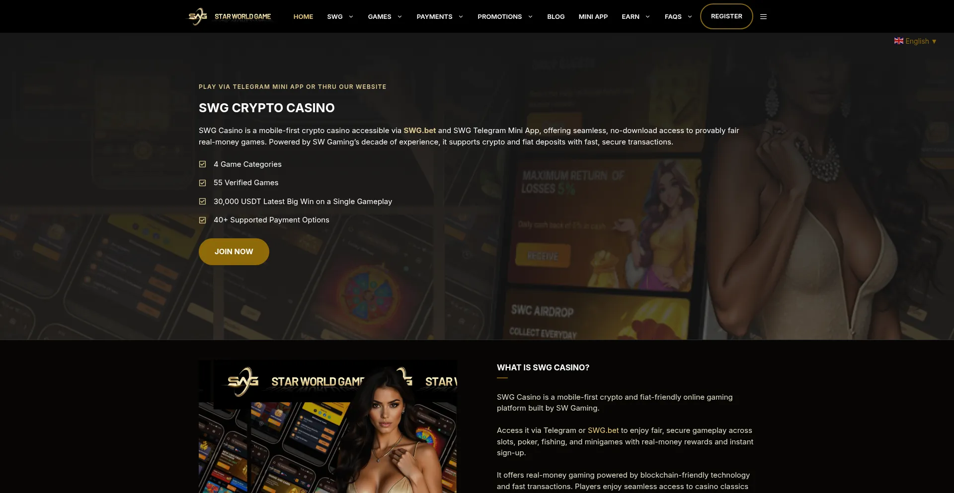 Website screenshot of Swgcasino.com