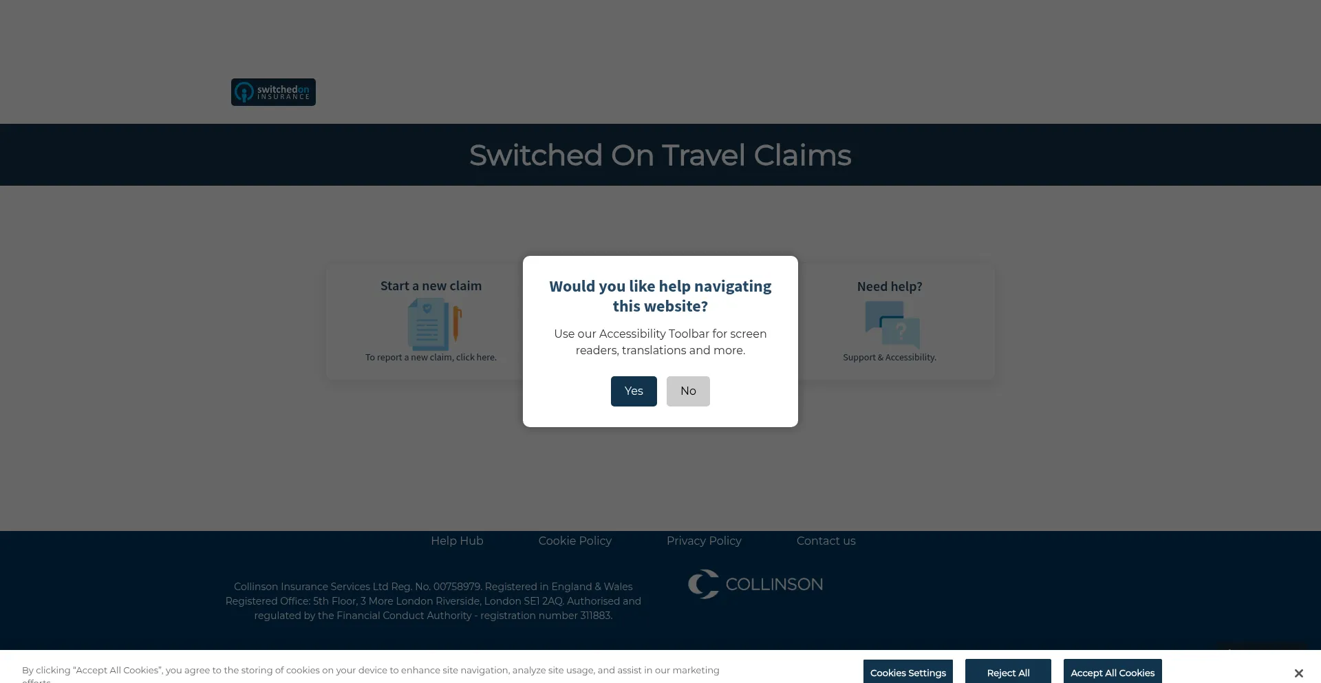 Website screenshot of Switchedontravel.collinsoninsurance.com