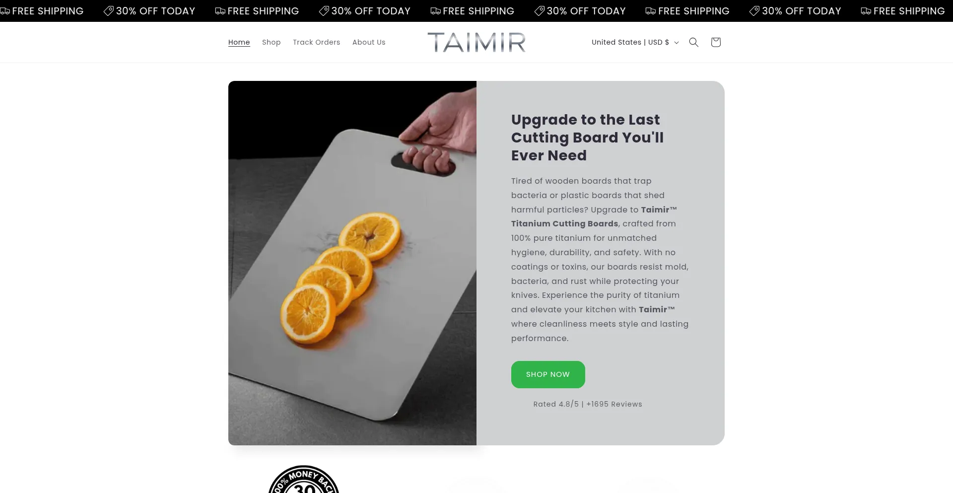 Website screenshot of Taimircuttingboard.com
