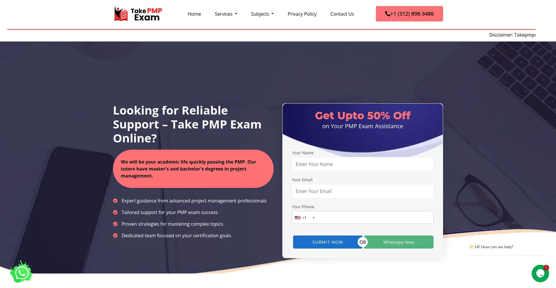 Website screenshot of Takepmpexam.com