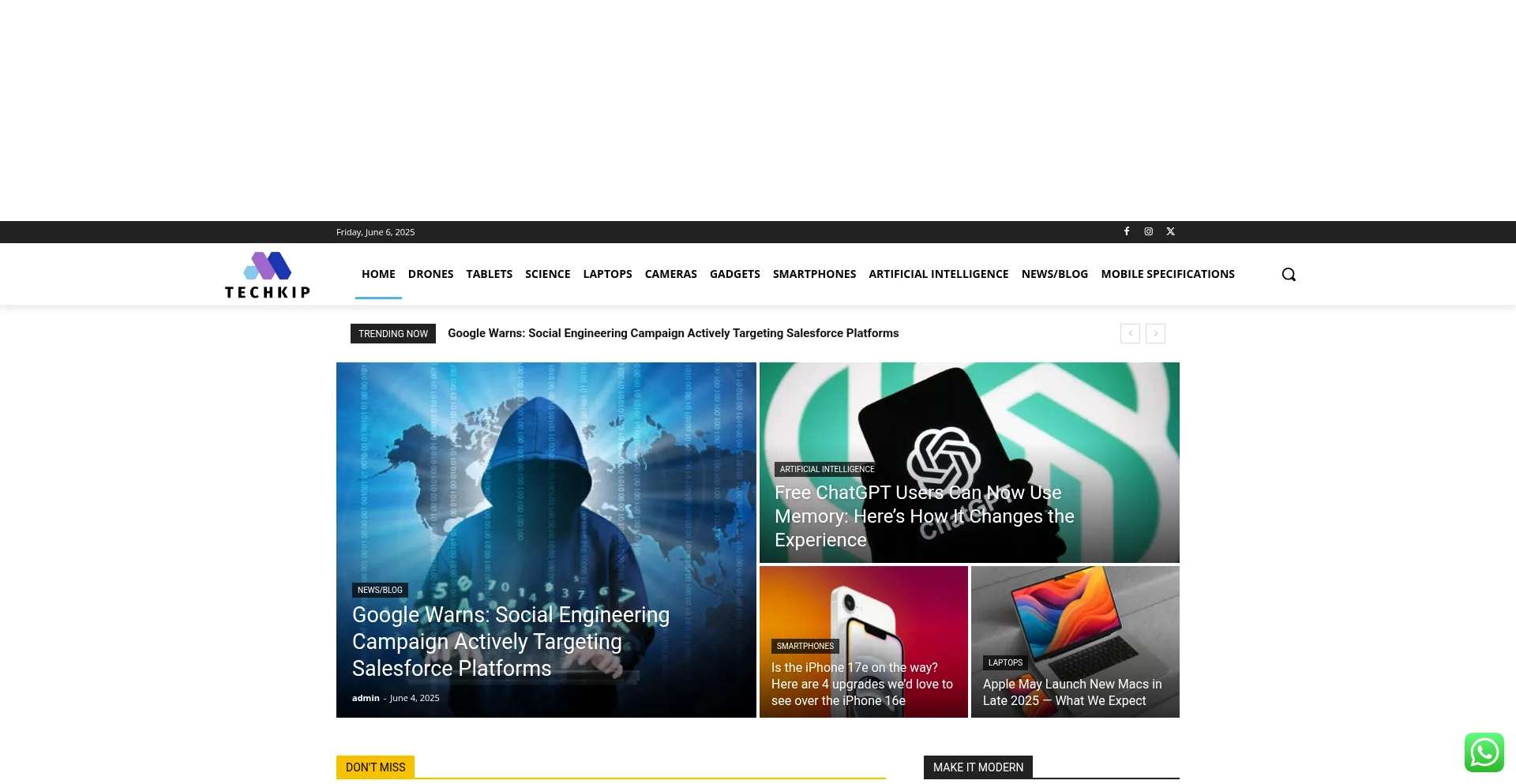 Website screenshot of Techkip.com