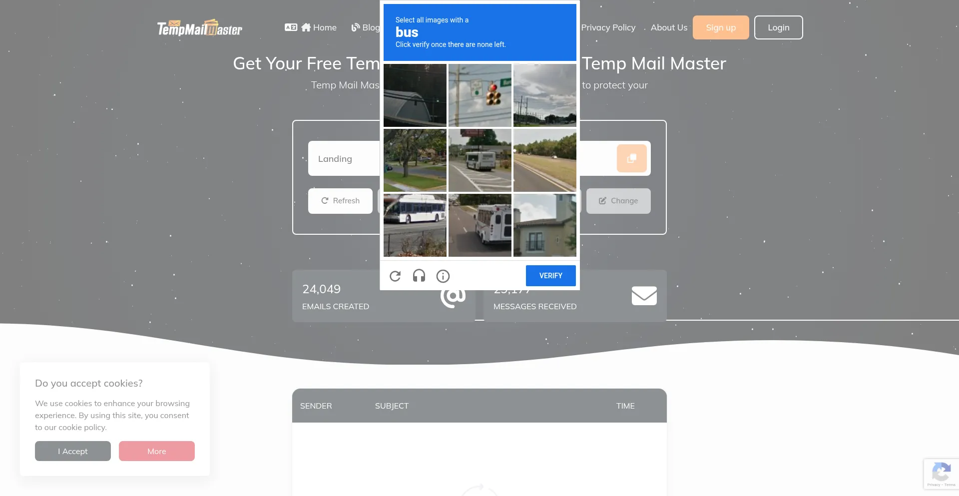 Website screenshot of Tempmailmaster.io