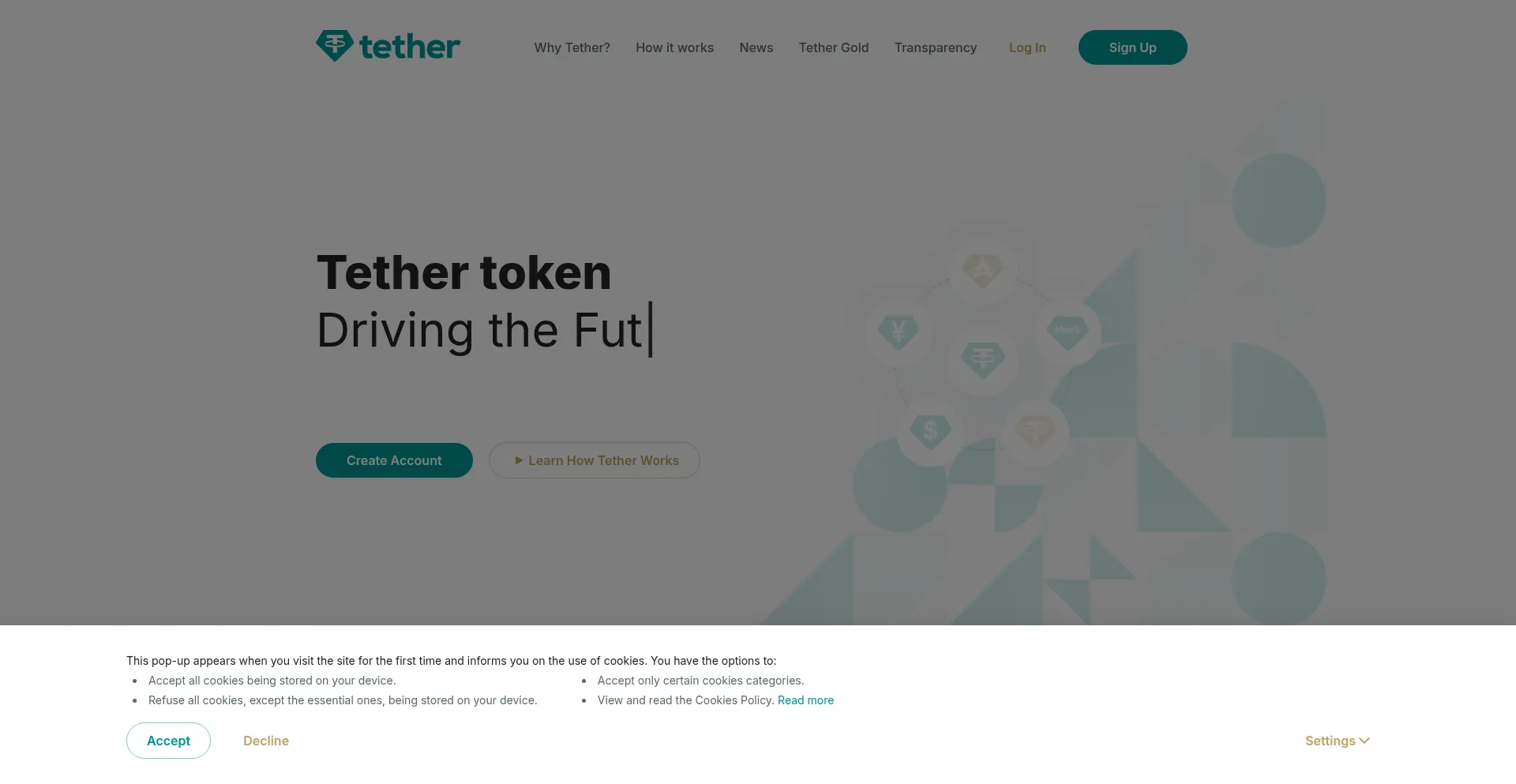 Website screenshot of Tether.to