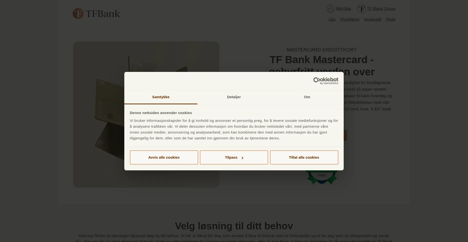Website screenshot of Tfbank.no