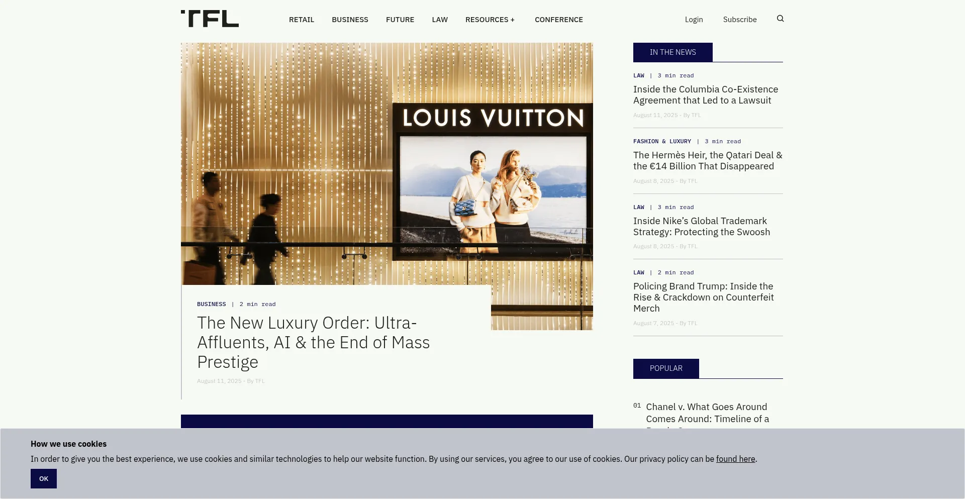 Website screenshot of Thefashionlaw.com