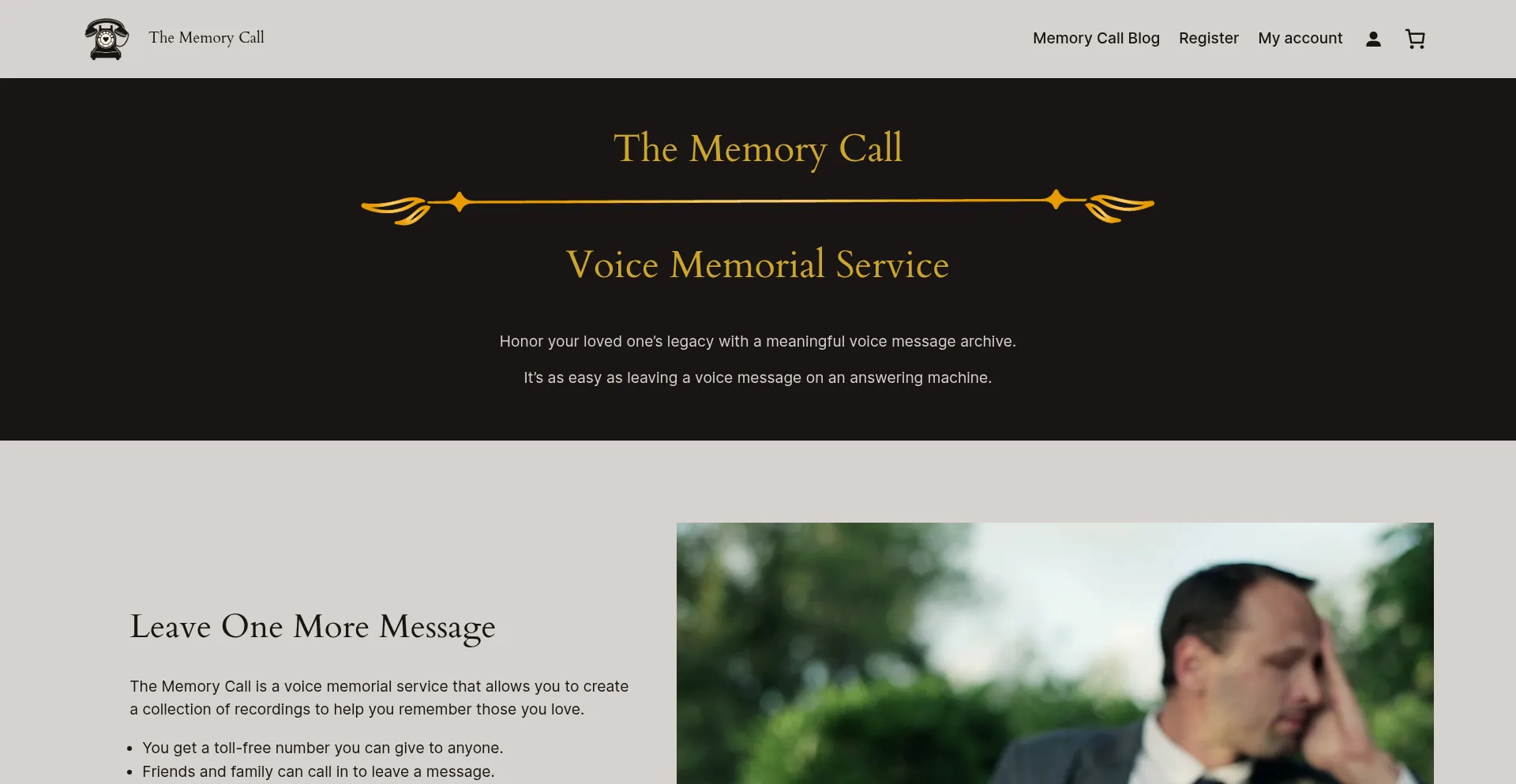 Website screenshot of Thememorycall.com